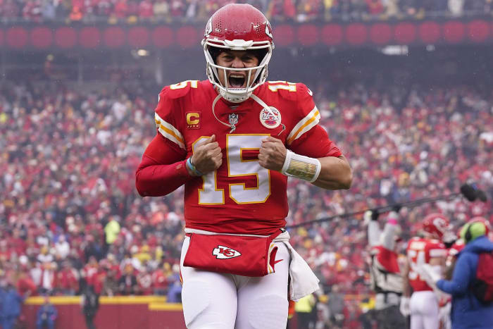 Jan 21, 2023; Kansas City, Missouri, USA; Kansas City Chiefs quarterback Patrick Mahomes (15) before playing against the Jacksonville Jaguars in the AFC divisional round game at GEHA Field at Arrowhead Stadium. Mandatory Credit: Jay Biggerstaff-USA TODAY Sports